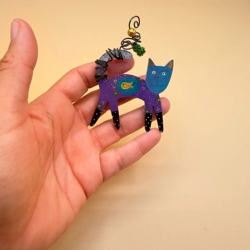 Whimsical Purple Blue Cat Brooch Pin Painted Wood Fish Wire Tail Folk Art Gift